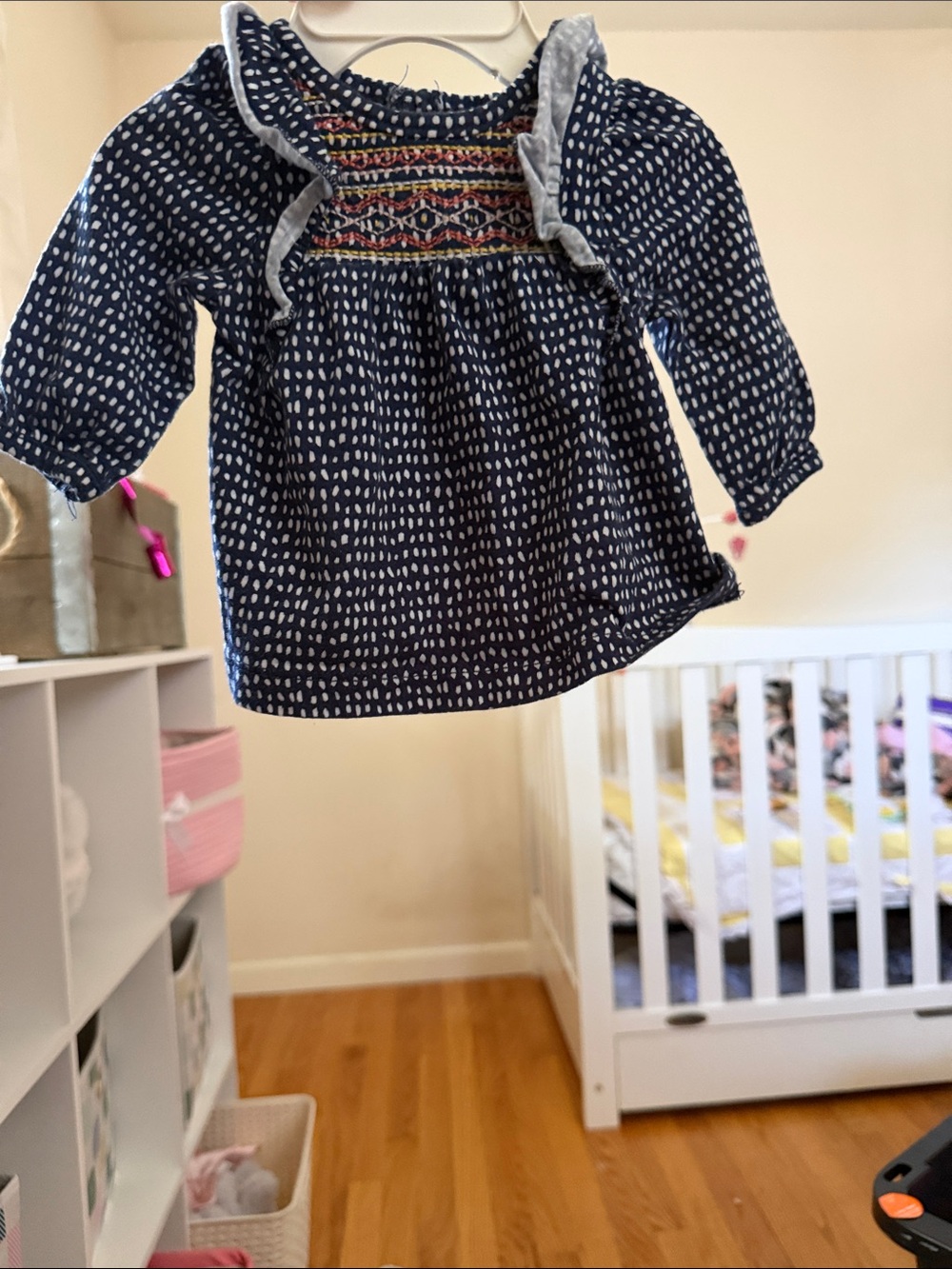 Girls' Navy Smocked Dot-Print Long-Sleeve Dress
